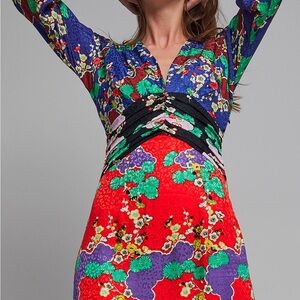 Rixo Asian Floral Print Silk Party Dress L